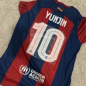 YUNJIN Le Serrafim Nike Blue and Red Dri-FIT Soccer Jersey